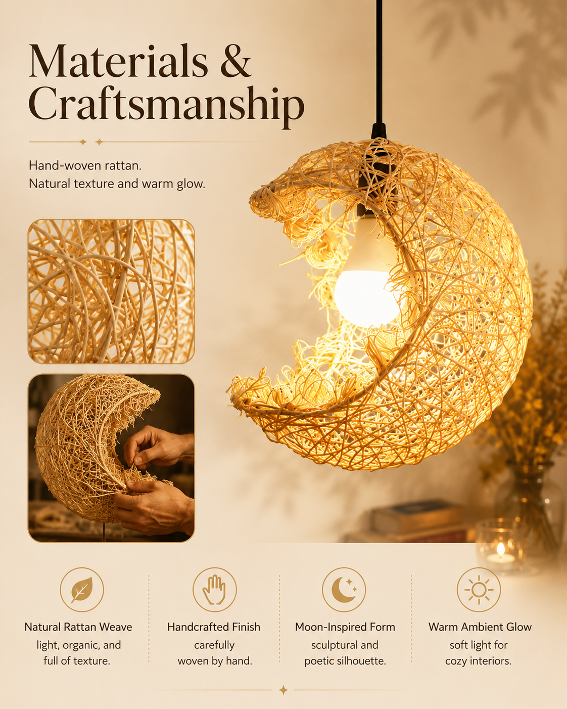 Natural materials and handcrafted details of Rattan Crescent Pendant Light