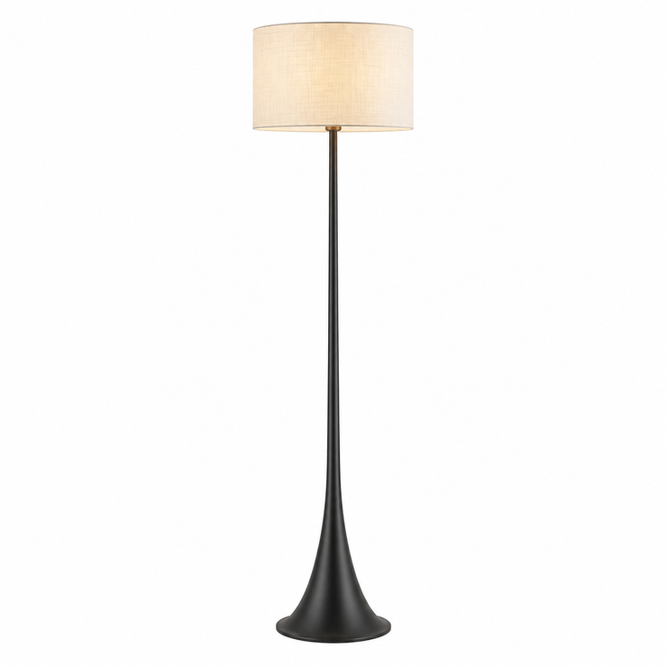 Floor lamp with beige fabric drum shade and tall black tapered stand with flared base