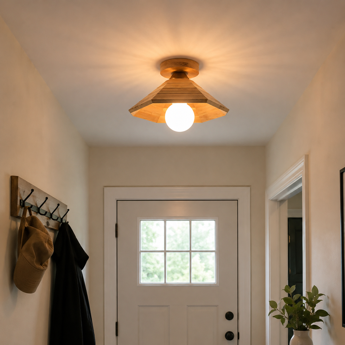 Light wood flush-mount ceiling light with frosted globe diffuser and angled shade