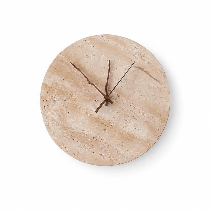 Light beige travertine marble round wall clock with dark hands and slim markers