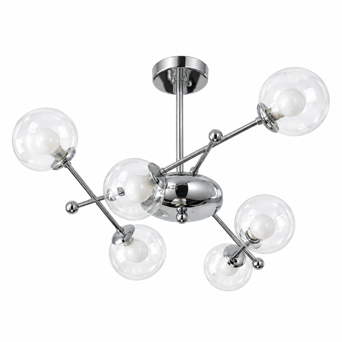 Chrome balance globe chandelier with multiple clear glass shades and exposed bulbs
