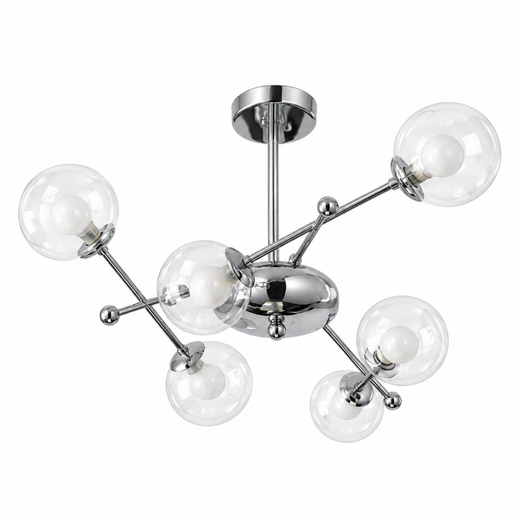 Chrome balance globe chandelier with multiple clear glass shades and exposed bulbs