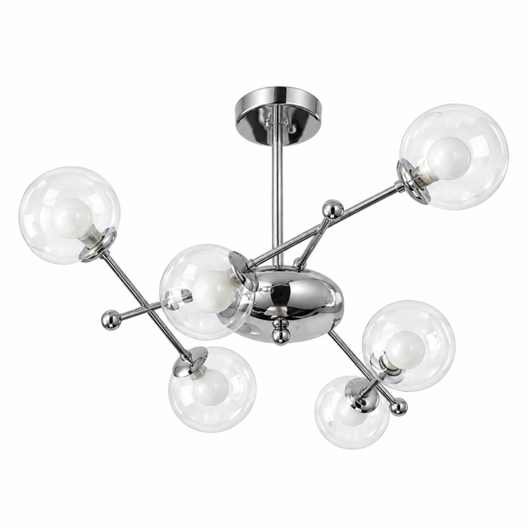 Chrome balance globe chandelier with multiple clear glass shades and exposed bulbs