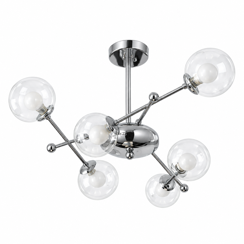 Chrome balance globe chandelier with multiple clear glass shades and exposed bulbs