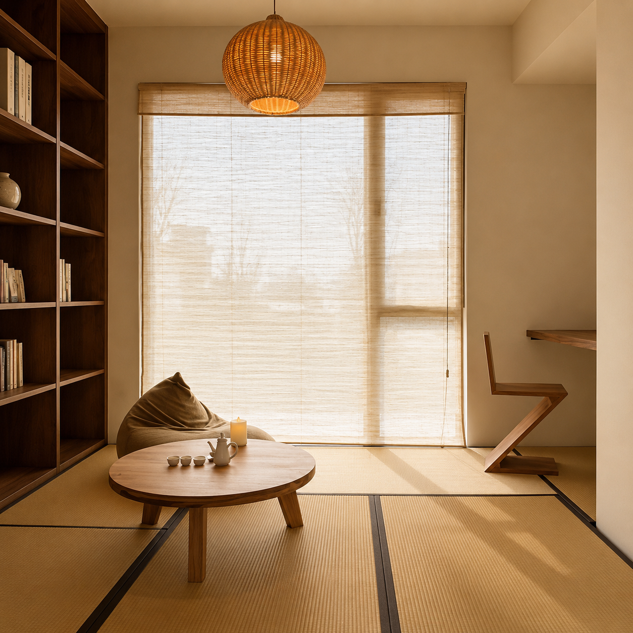 Pumpkin-style rattan pendant light with warm glow and black hanging cord.