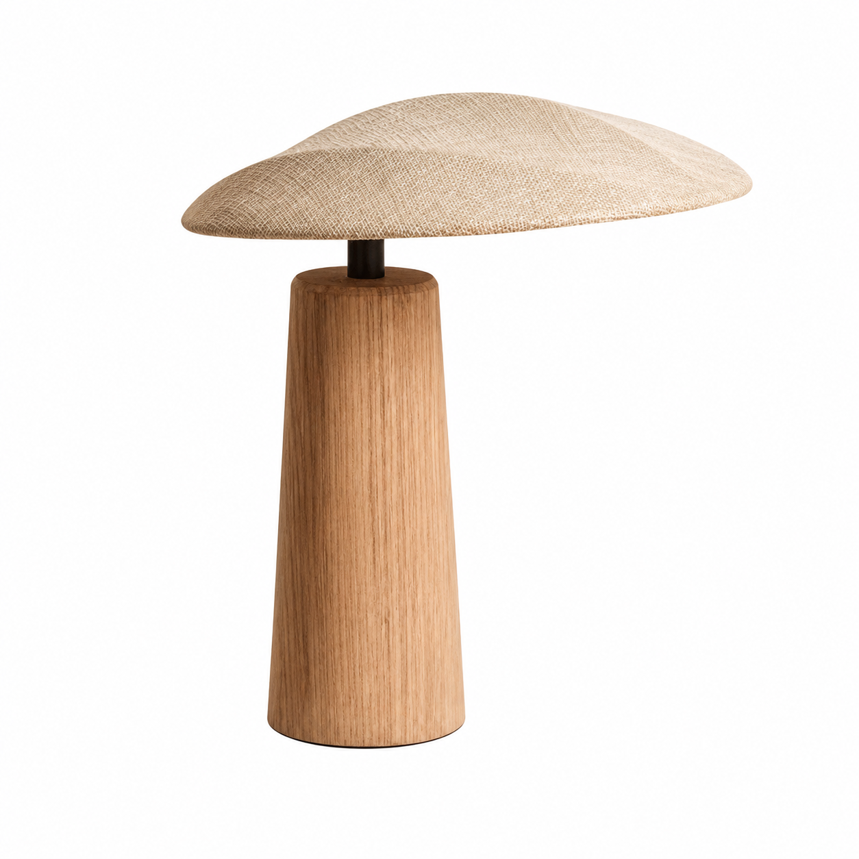Wood table lamp with round linen dome shade on a tapered wooden base