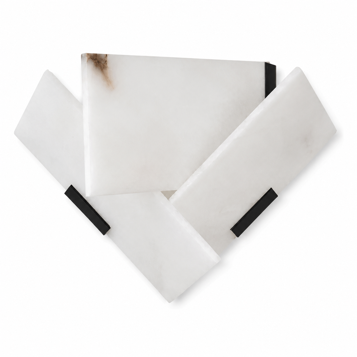 Frosted alabaster wall sconce with angled shades and black side mounting bars