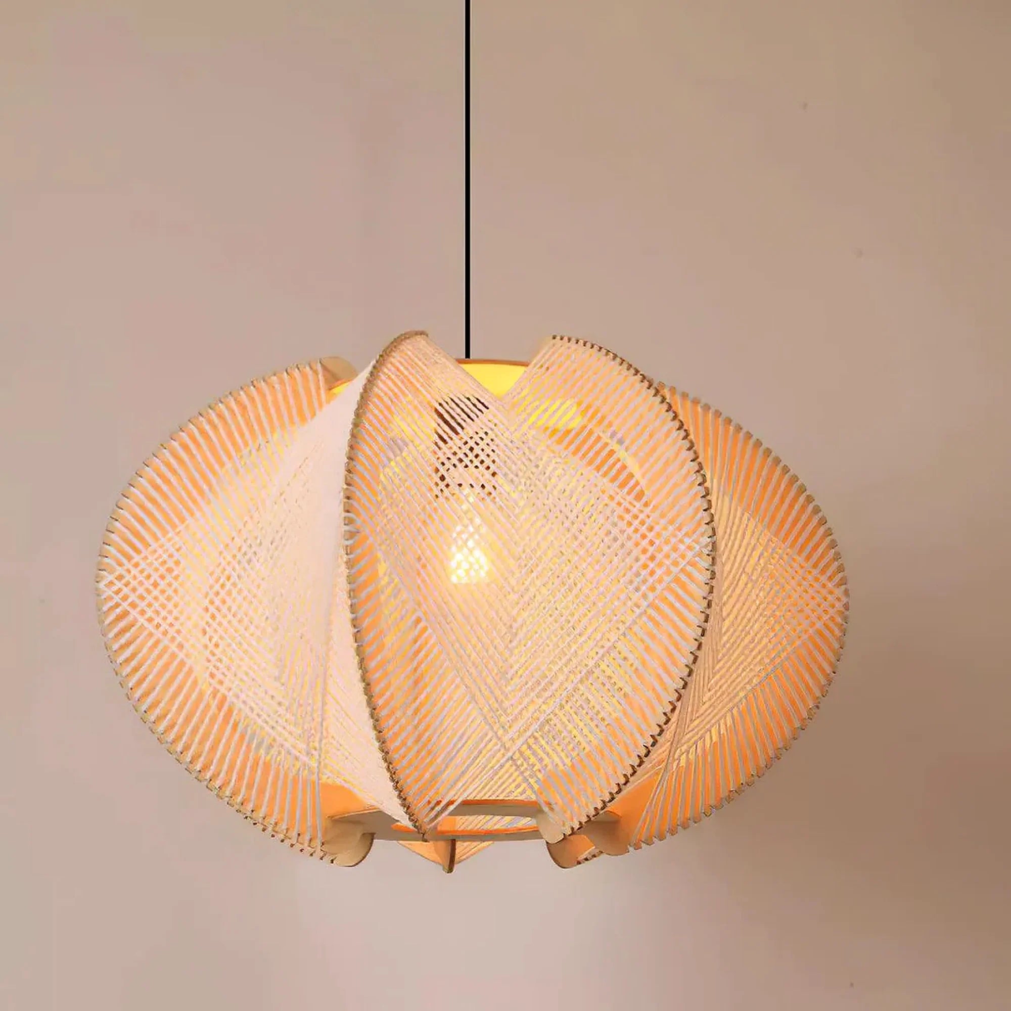 Beige woven orbit pendant lamp with layered arched rings and central light