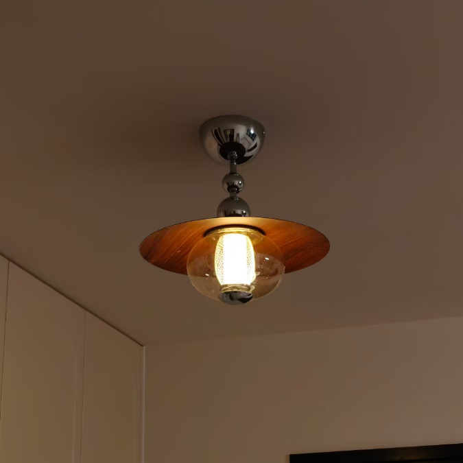 A ceiling-mounted light fixture with a round wooden shade, clear glass globe bulb, and polished metal ceiling mount, shown installed in a room corner.