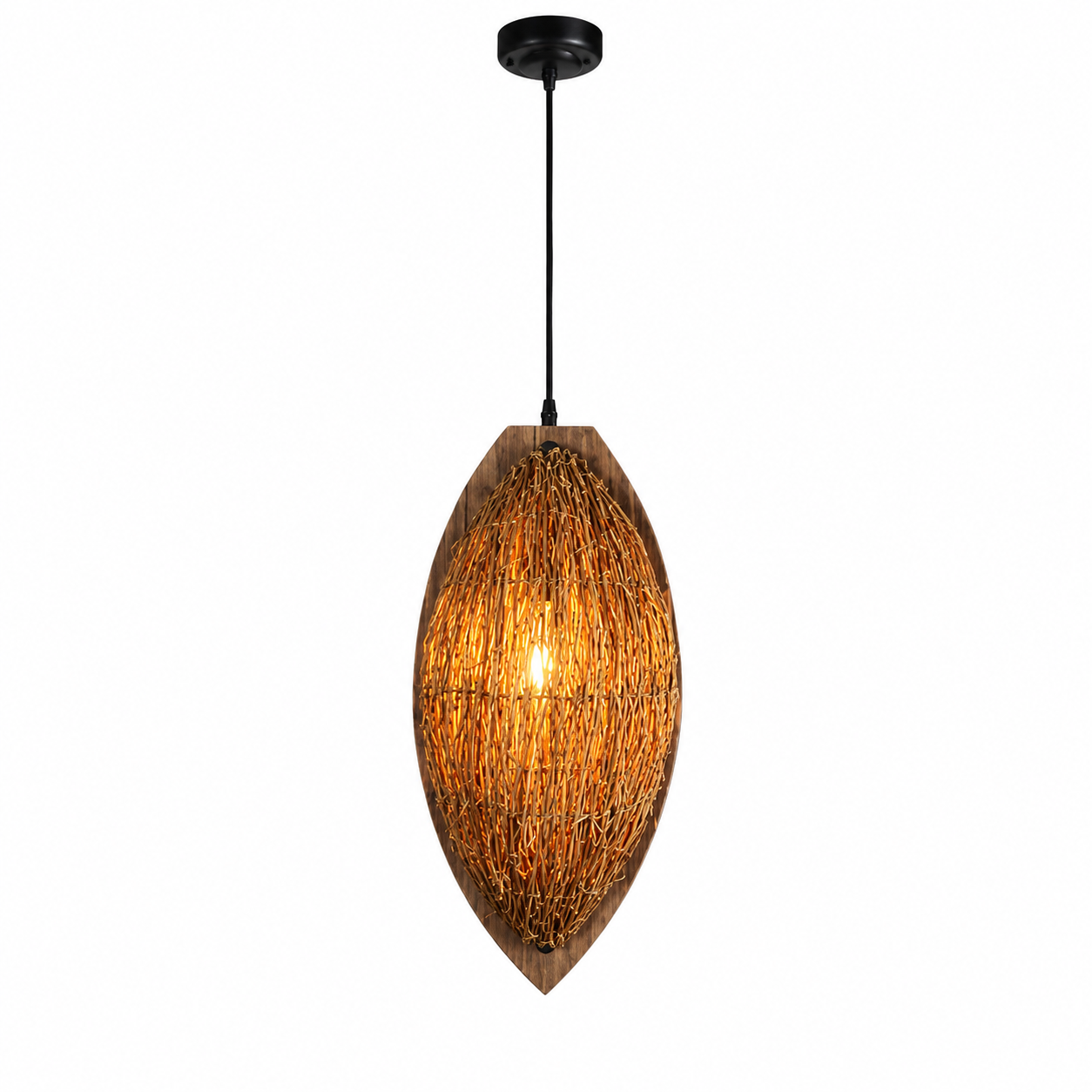 Woven rattan pendant lamp shade with teardrop shape and black cord, warm lit glow.