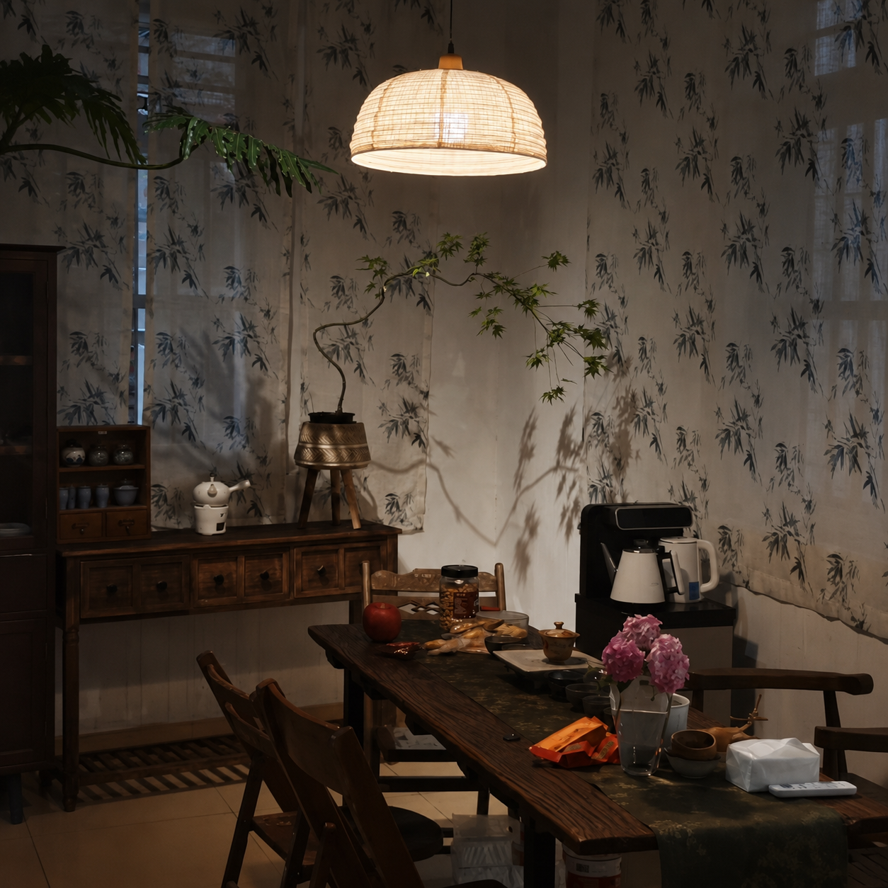 Woven fabric bell pendant lamp hanging from the ceiling