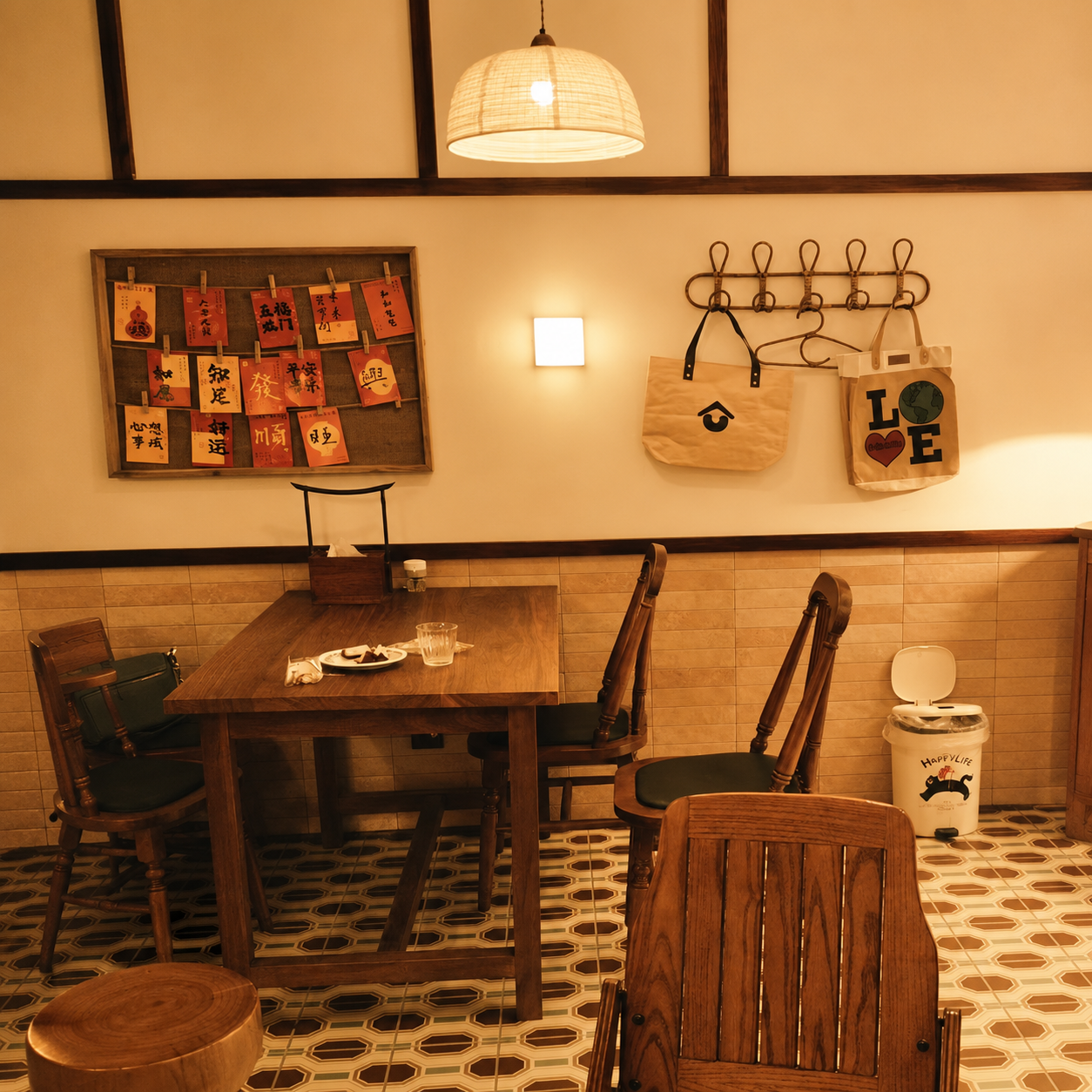 Woven fabric bell pendant lamp with hanging cord over dining table