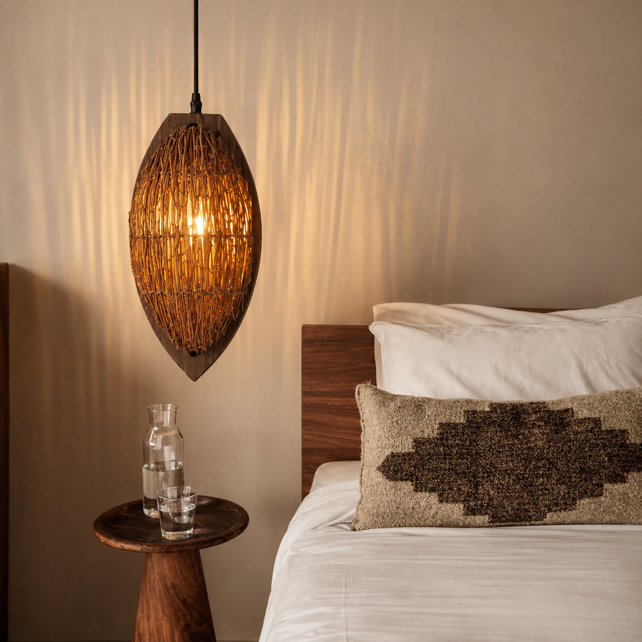 Woven rattan teardrop pendant lamp with warm glow, black cord hanging from ceiling mount.