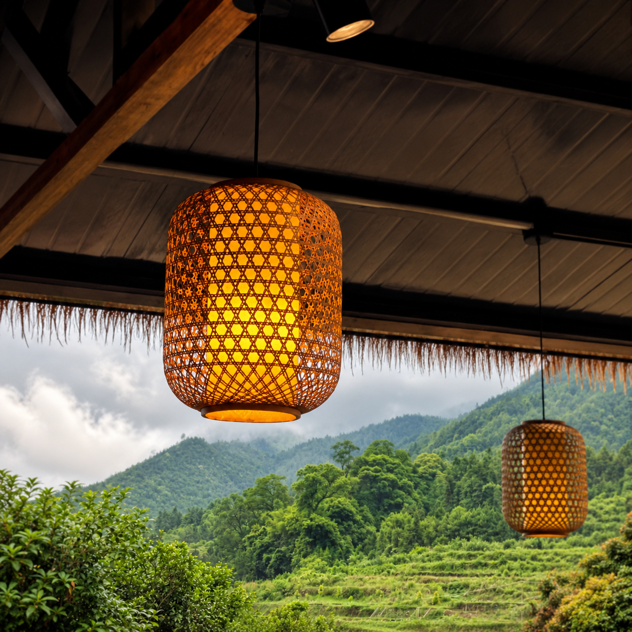 Cylindrical woven golden lantern pendant with geometric lattice pattern and warm light