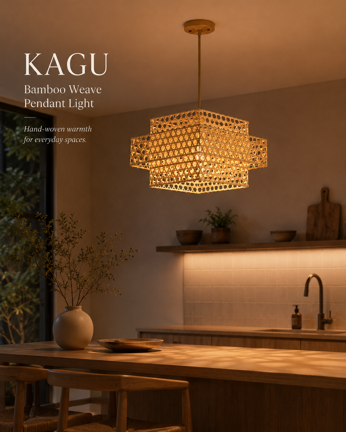 Layered Lantern Bamboo Pendant Light handcrafted lighting design by SolenaLighting
