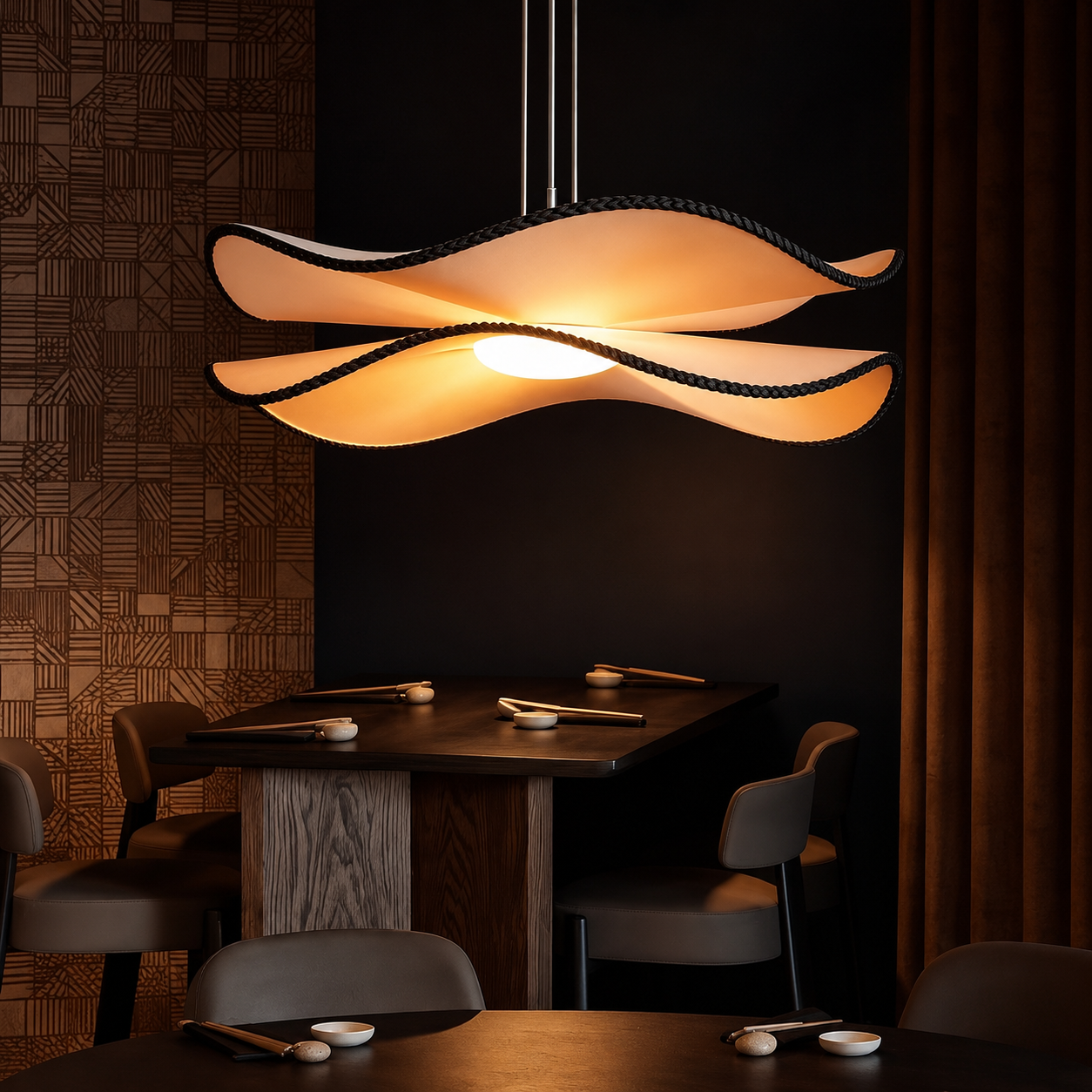Wing-shaped pendant light with braided cord and two warm glowing curved panels
