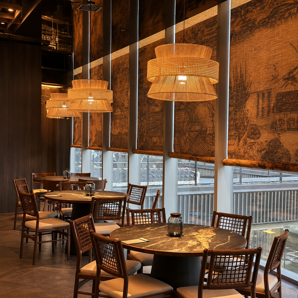 Woven hourglass pendant light cluster with warm wood tones and perforated shade bands