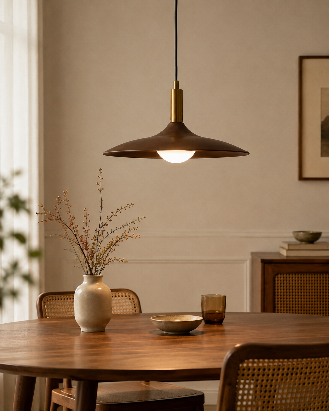 Saucer Pendant Light styled in a warm natural interior