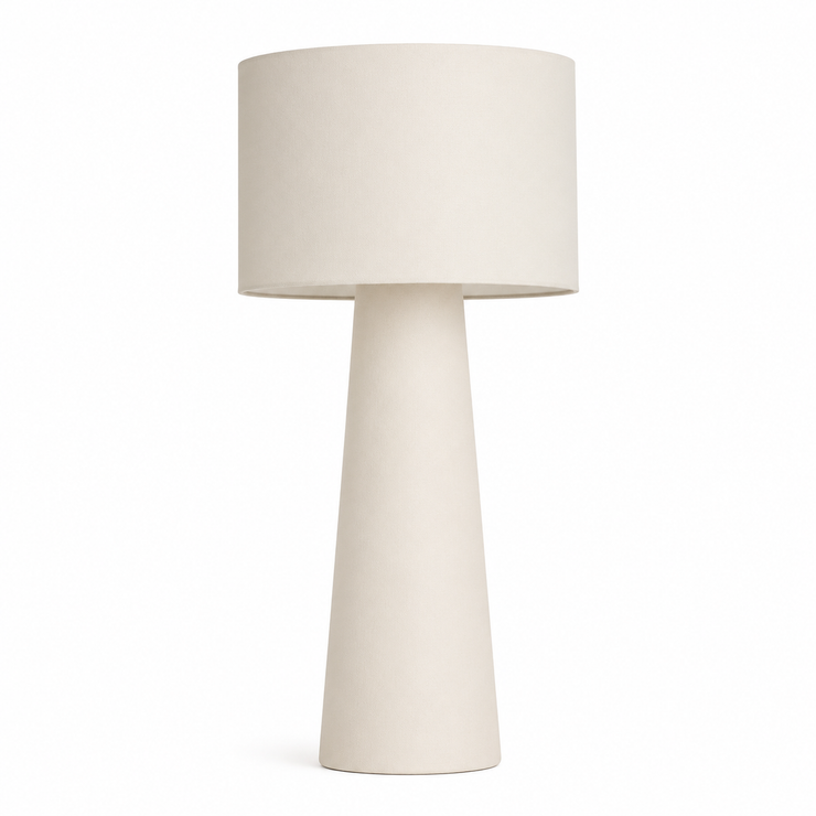 Fabric floor lamp with drum shade and tapered white base
