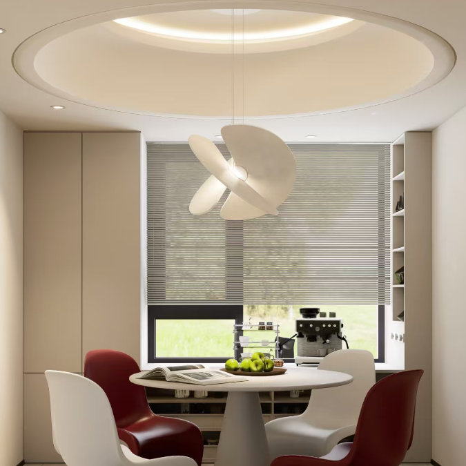 White butterfly pendant light with fan-like blades and central bulb
