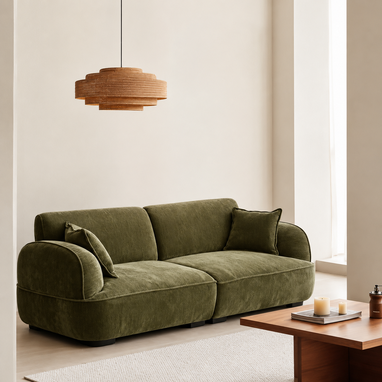 Kago rattan woven pendant light with small layered drum shade and hanging cord, warm brown