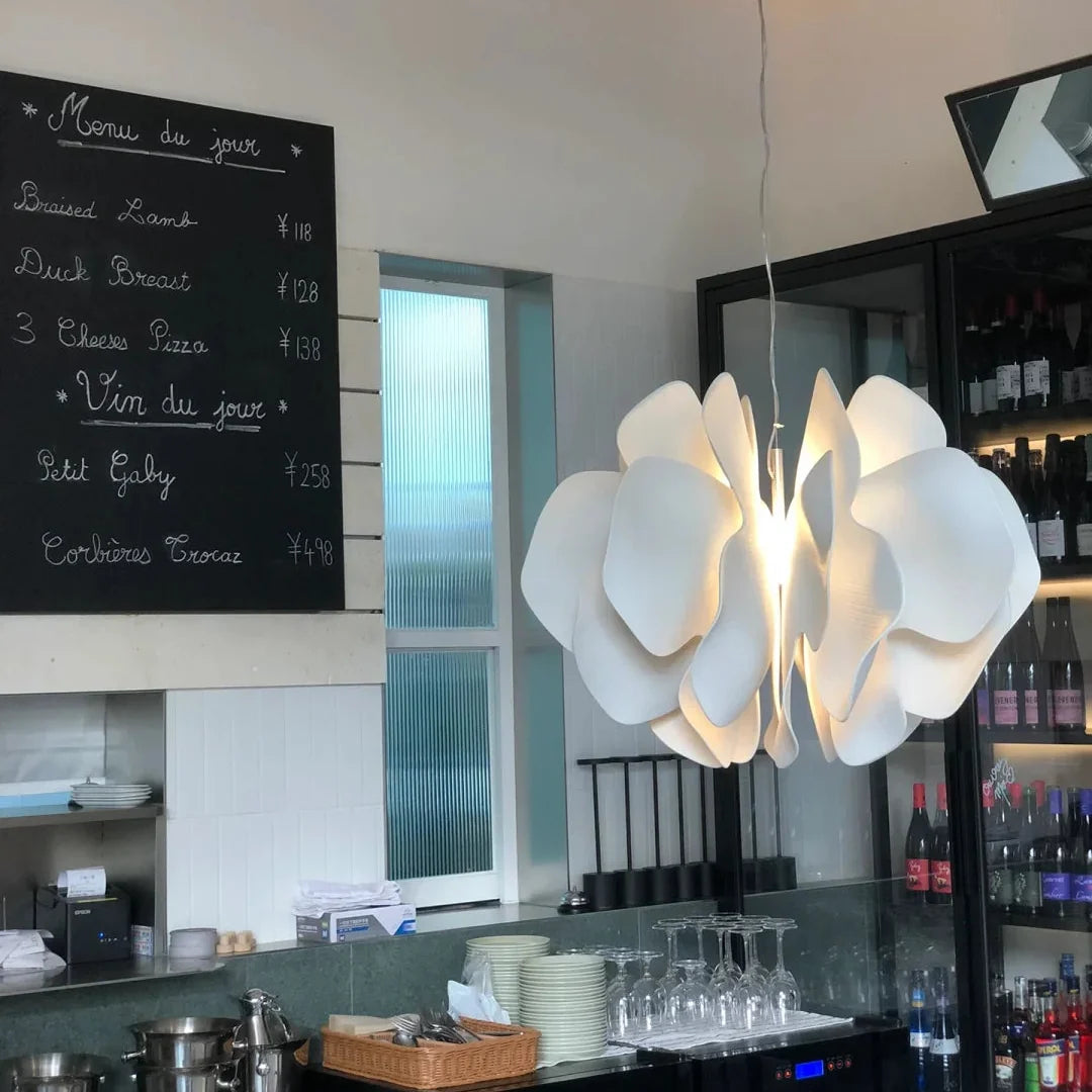Nightbloom ceramic petal chandelier, large white petal cluster with warm central light