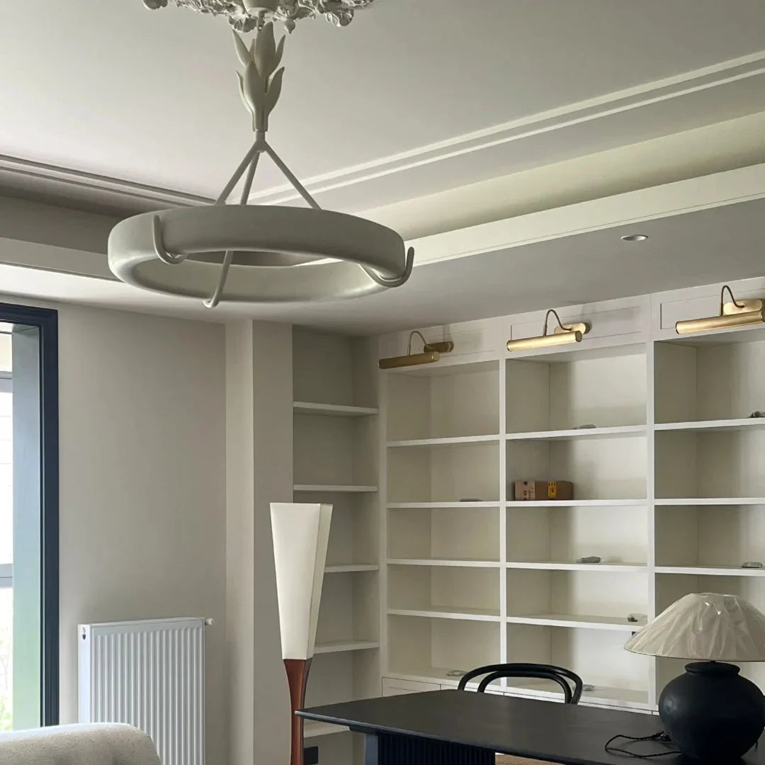White tree-style chandelier with circular ring light and decorative sculpted stem