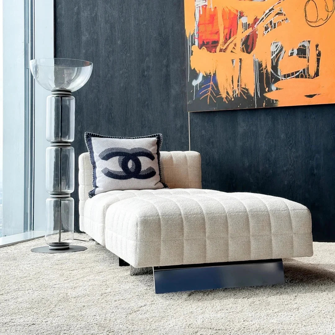 Clear glass floor lamp with stepped cylinders and black circular base
