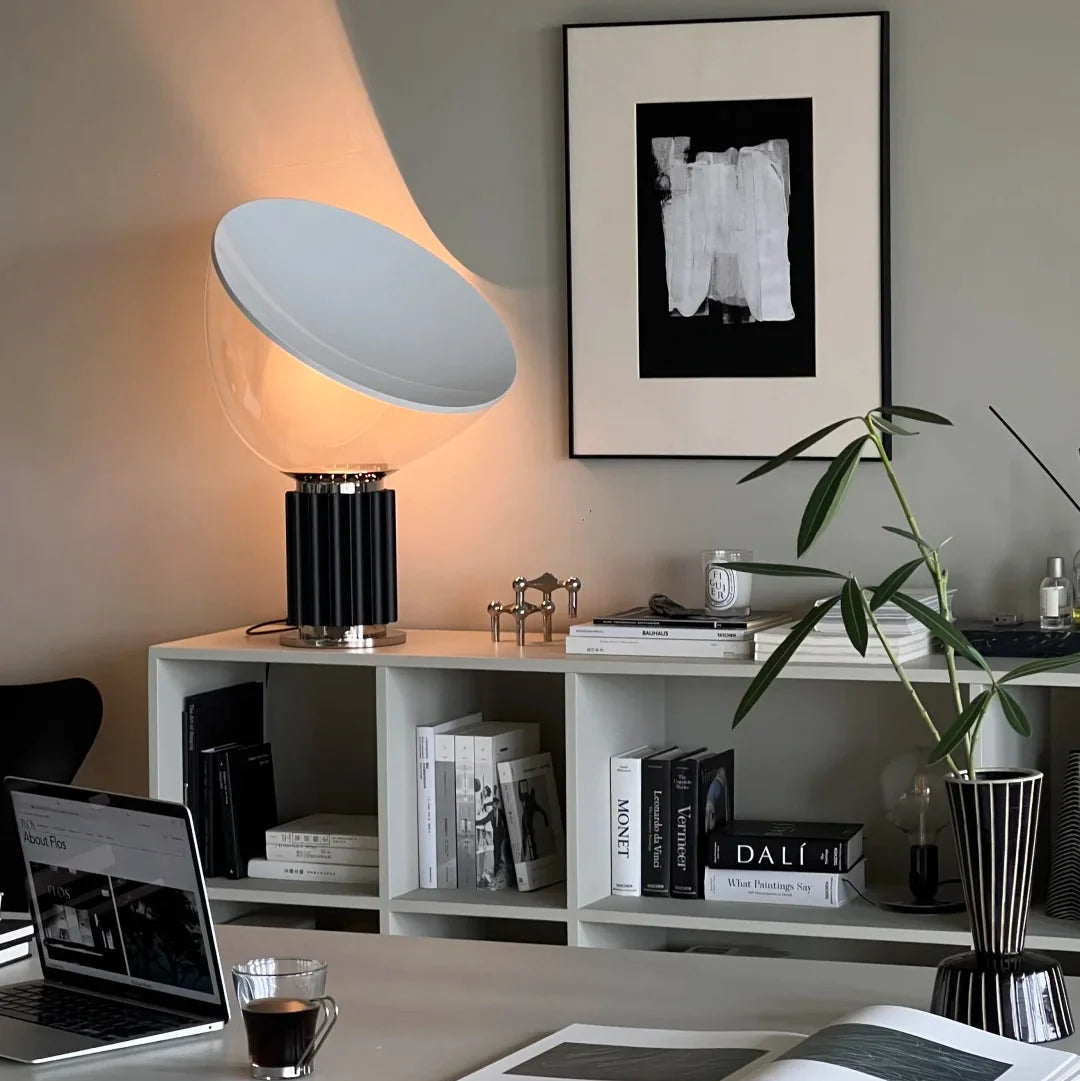 Dome glass saucer table lamp with frosted dome shade and black ribbed column base