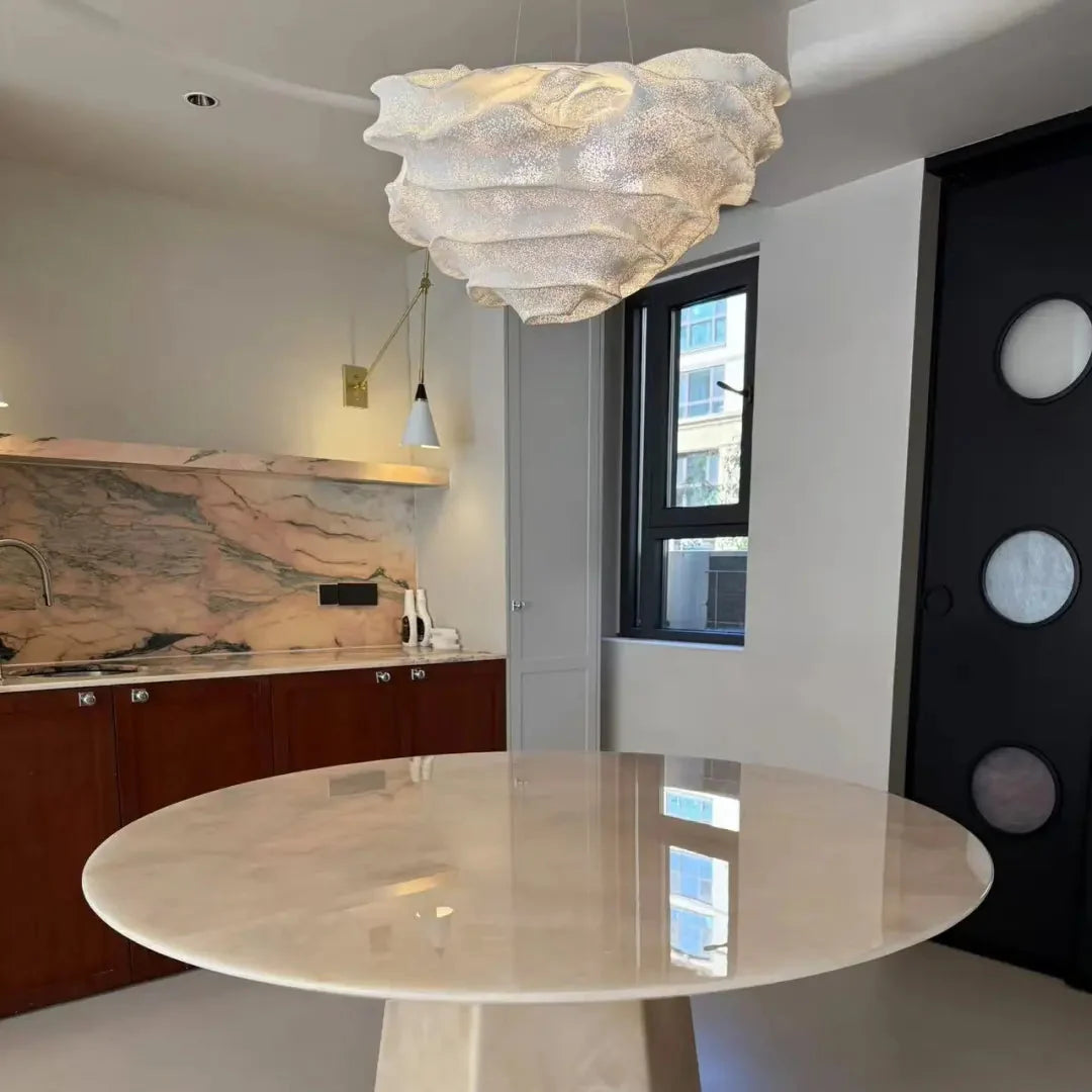 Hanging cloud pendant light with pale speckled textured shade