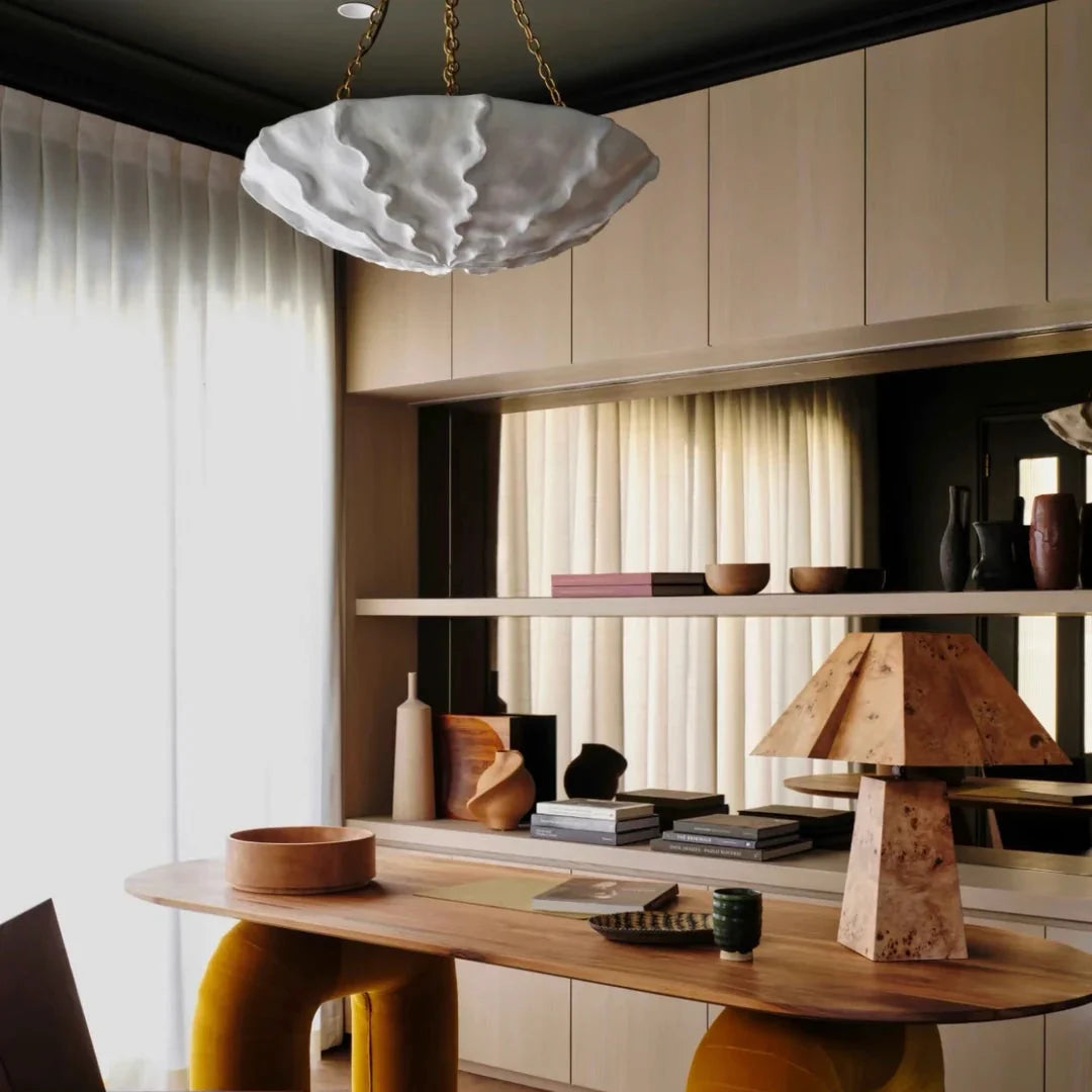 Sculptural petal chandelier with white shade and gold-tone chain