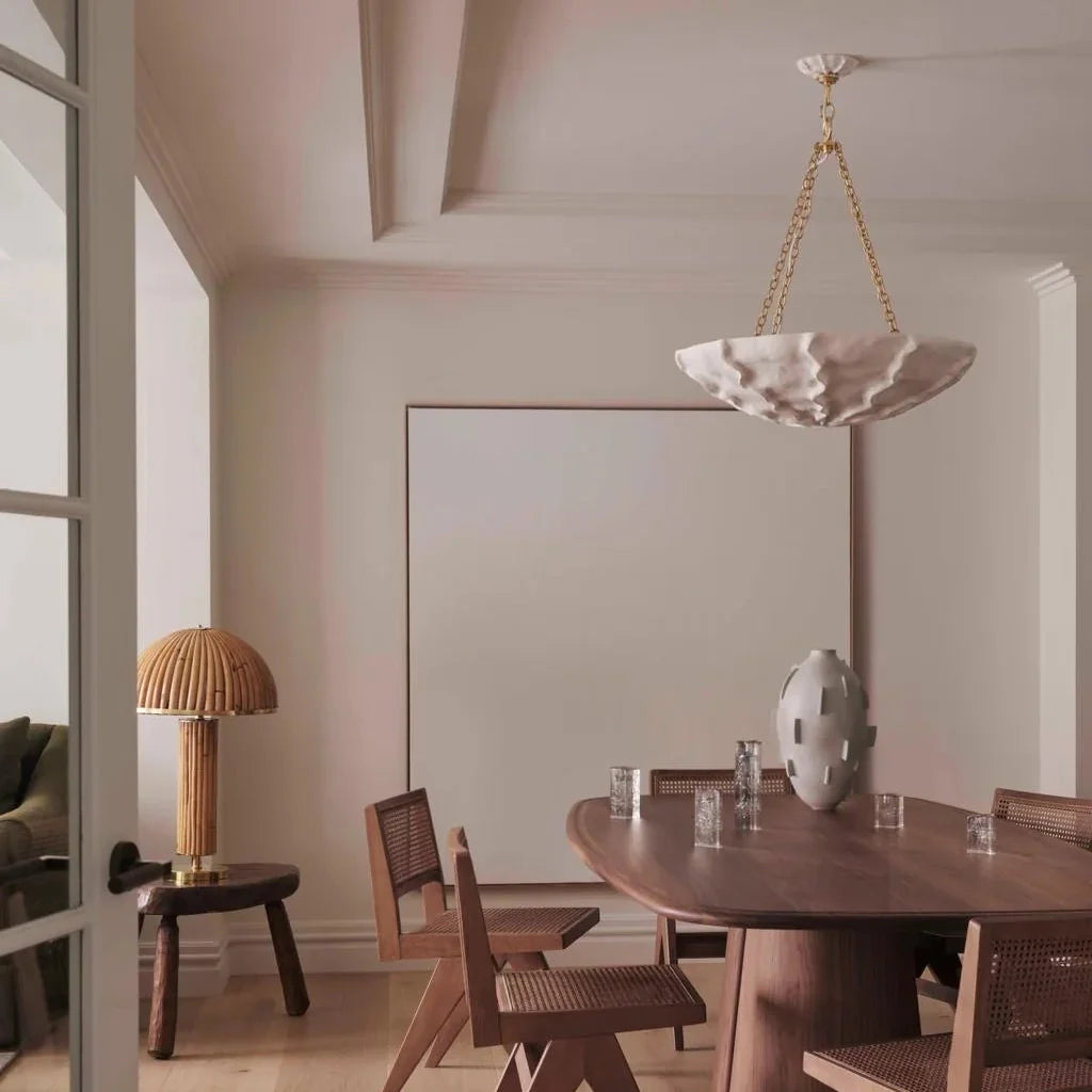 Petal chandelier with white sculpted shade and gold-tone hanging chain