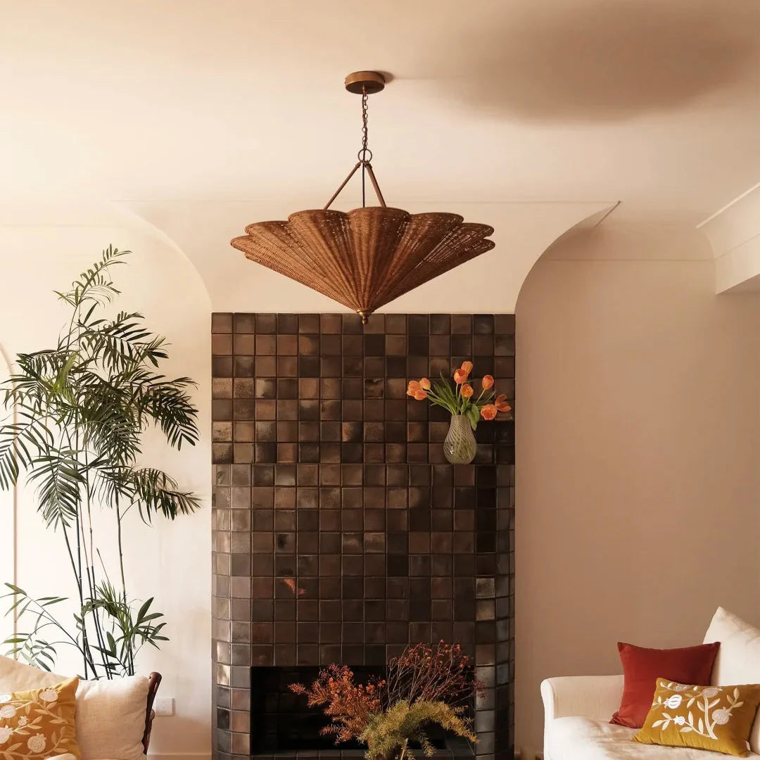 Rattan umbrella pendant light with woven umbrella shade and hanging chain