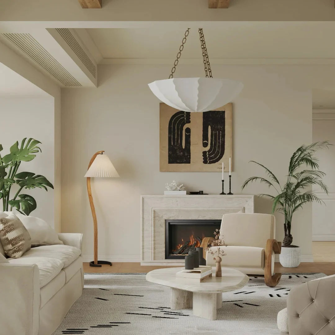 Petal sculptural chandelier with white shade and gold-tone chain suspension