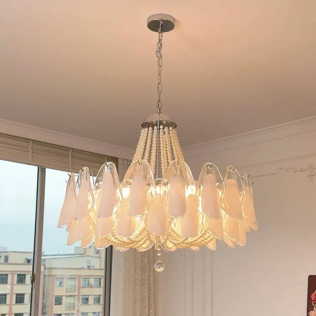 Murano Petal & Pearl chandelier with clear petal glass shades, pearl bead strands, and metal canopy