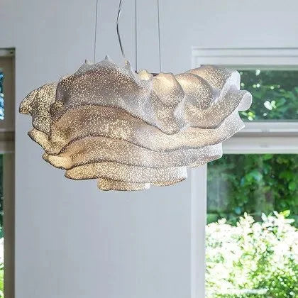 Cloud-shaped pendant light with ruffled silver-white shade and scalloped edges