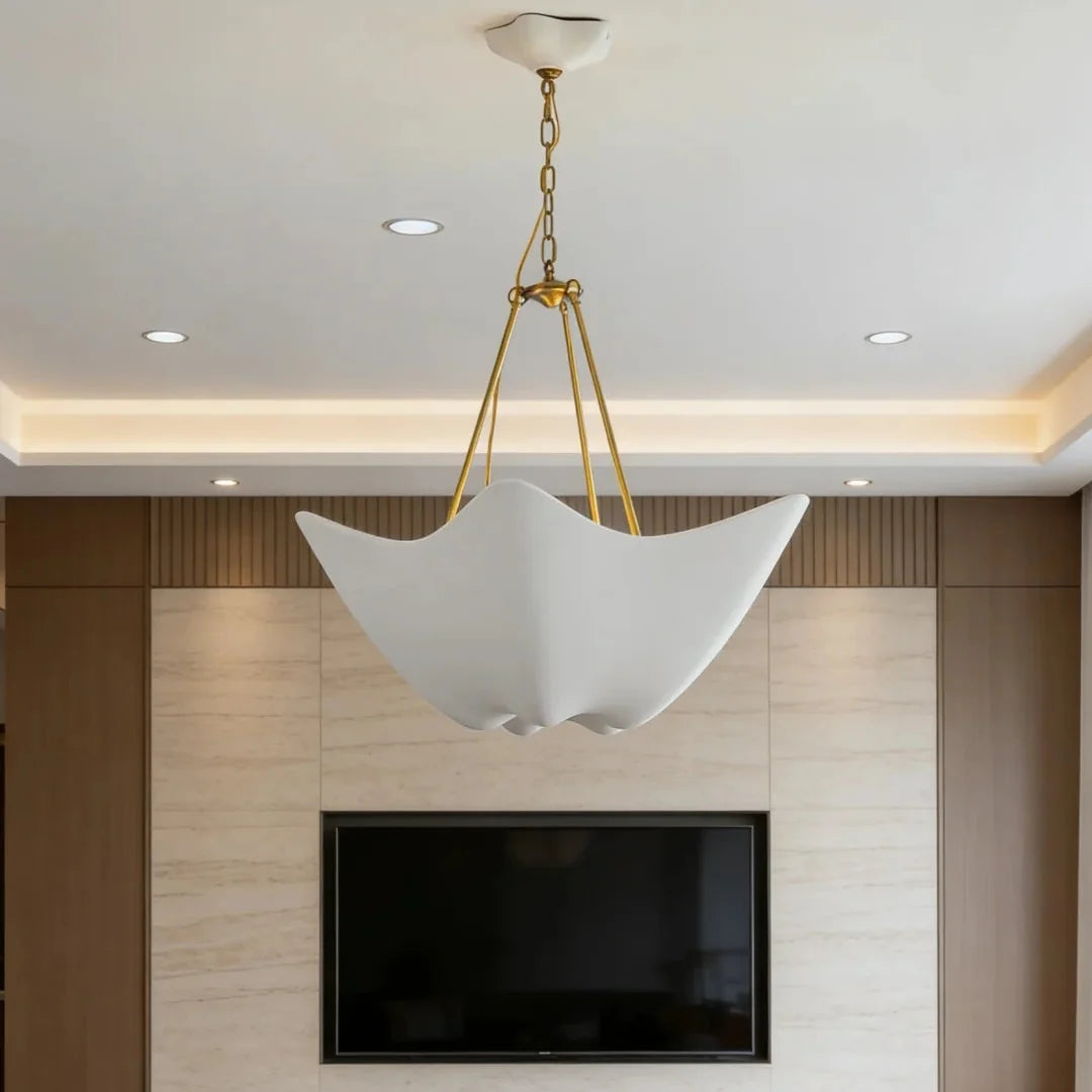 Chalk-white plaster chandelier with five petal shades and gold chain, centered pendant