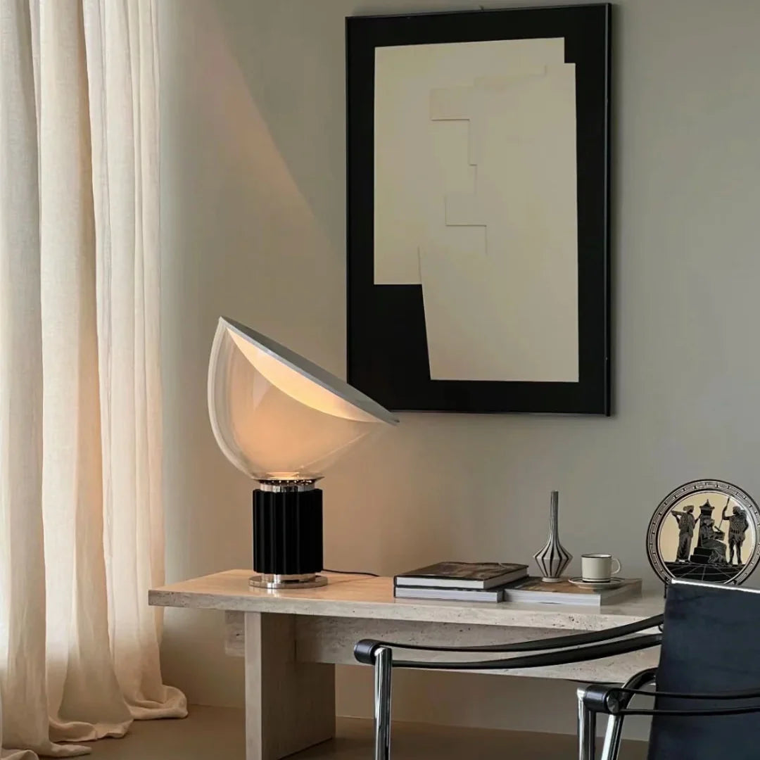 Dome glass saucer table lamp with clear dome shade and black ribbed column base