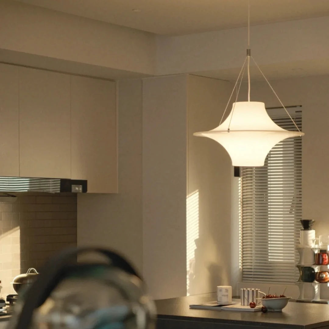 Hanging opal disc pendant ceiling light with curved central shade