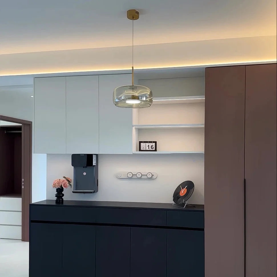 Tinted glass dome pendant light with brass mounting plate and glowing bulb