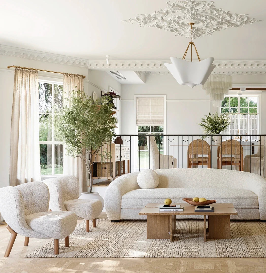 Chalk-white plaster chandelier with five petal shades and gold chain, central pendant
