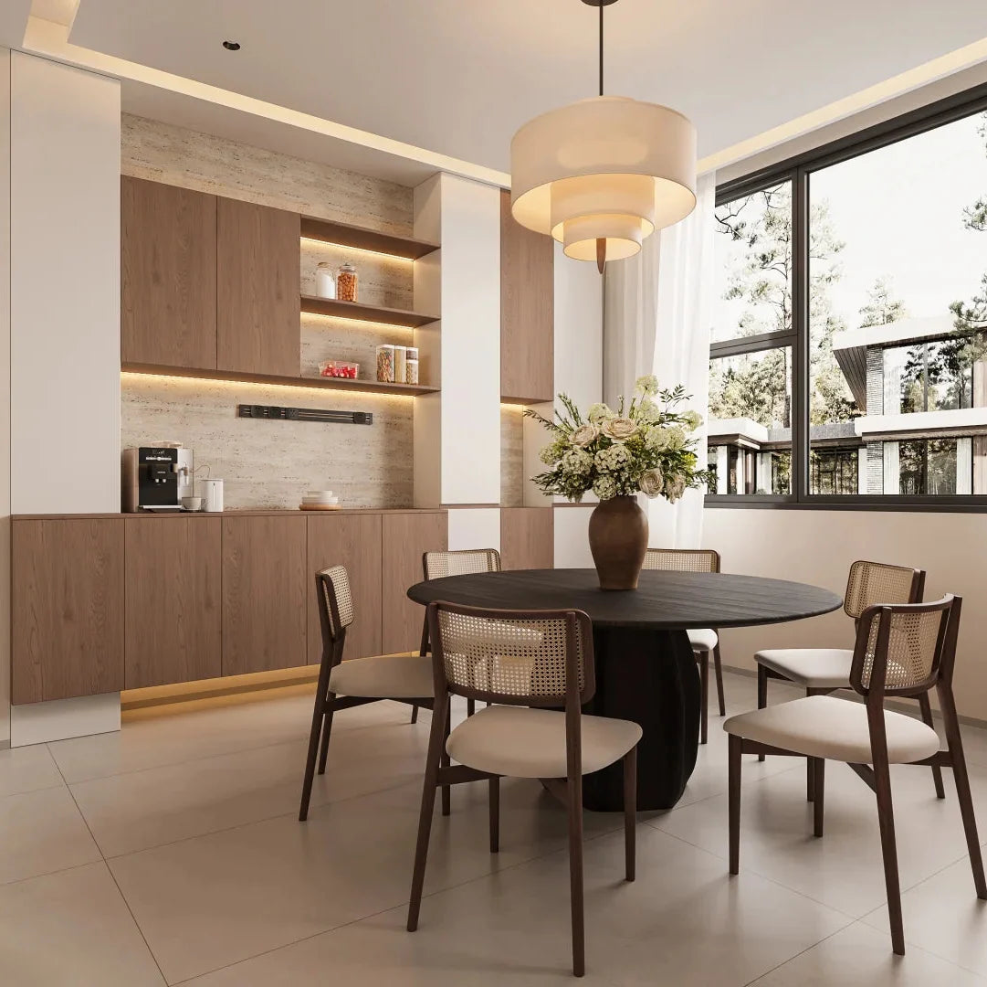 Beige layered linen pendant light with multiple drum tiers from wood rod