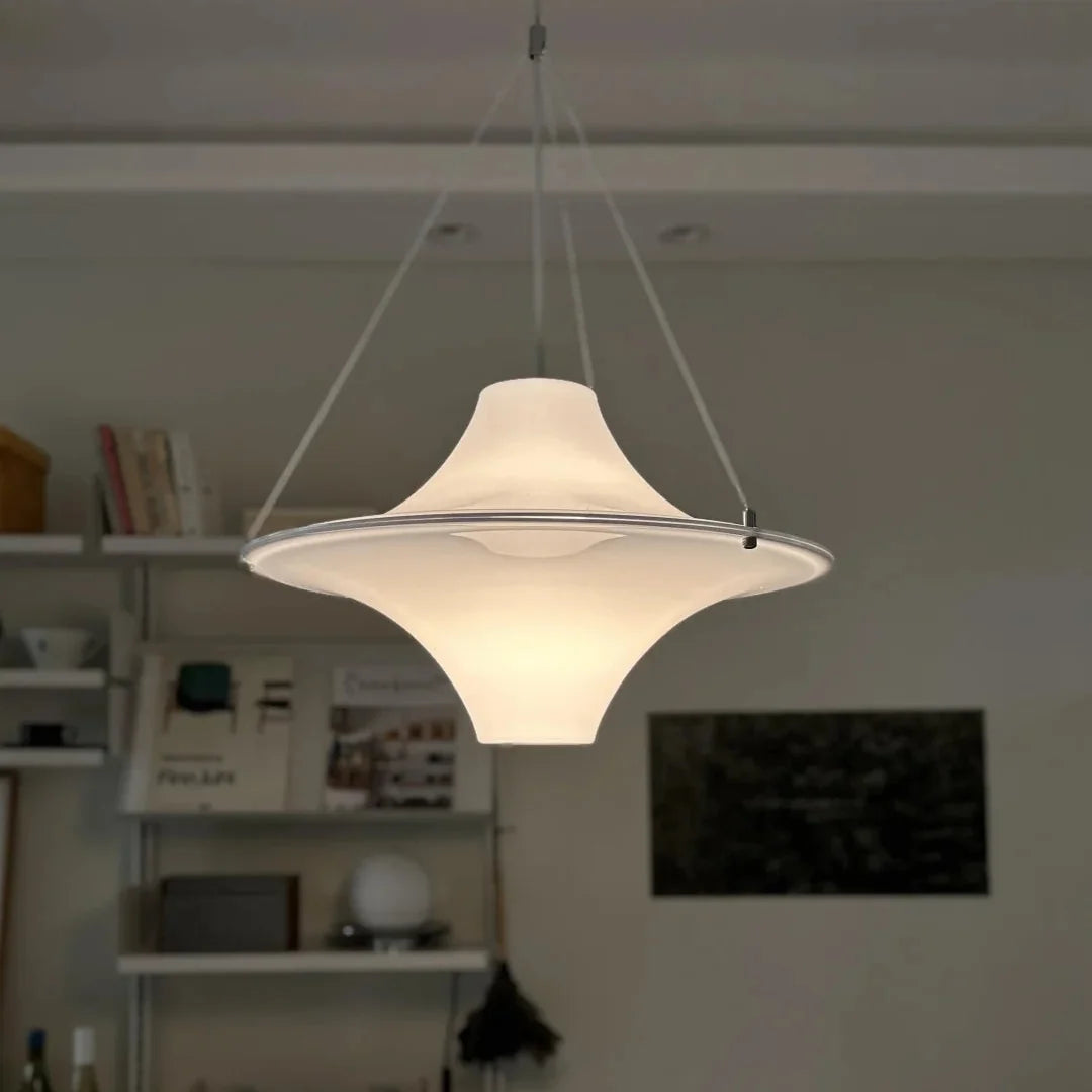 Opal white disc pendant ceiling light with three-lobed shade underside