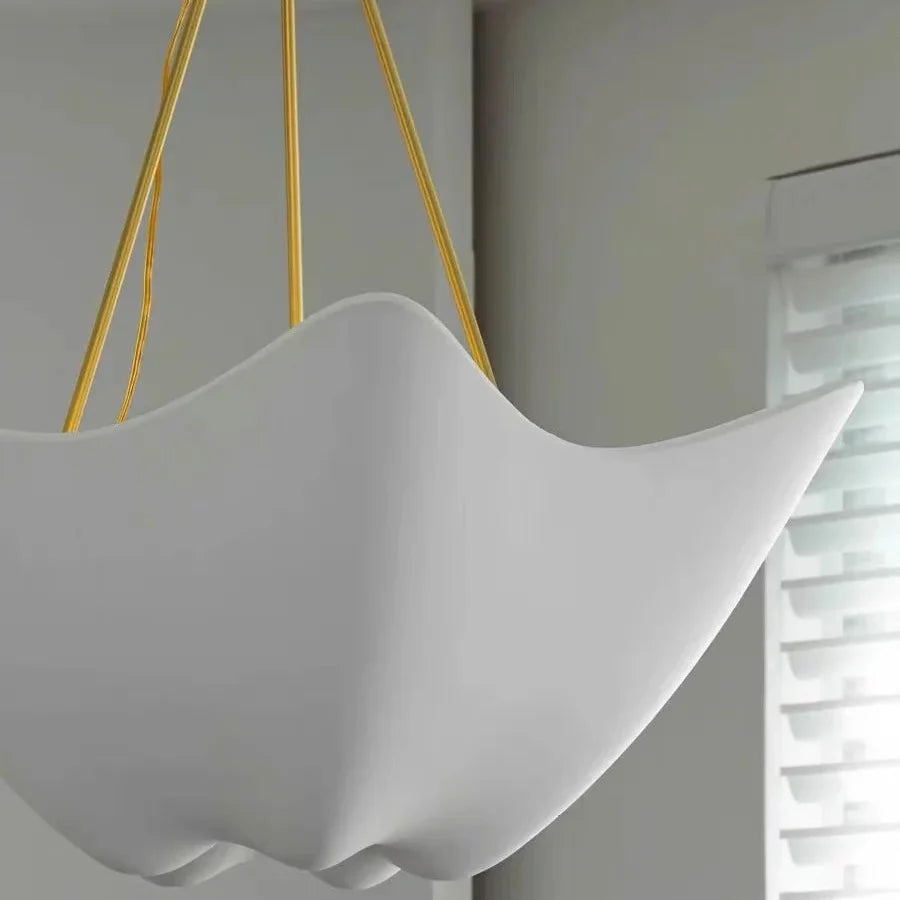 Chalk-white plaster chandelier with five petal shades and gold suspension rods