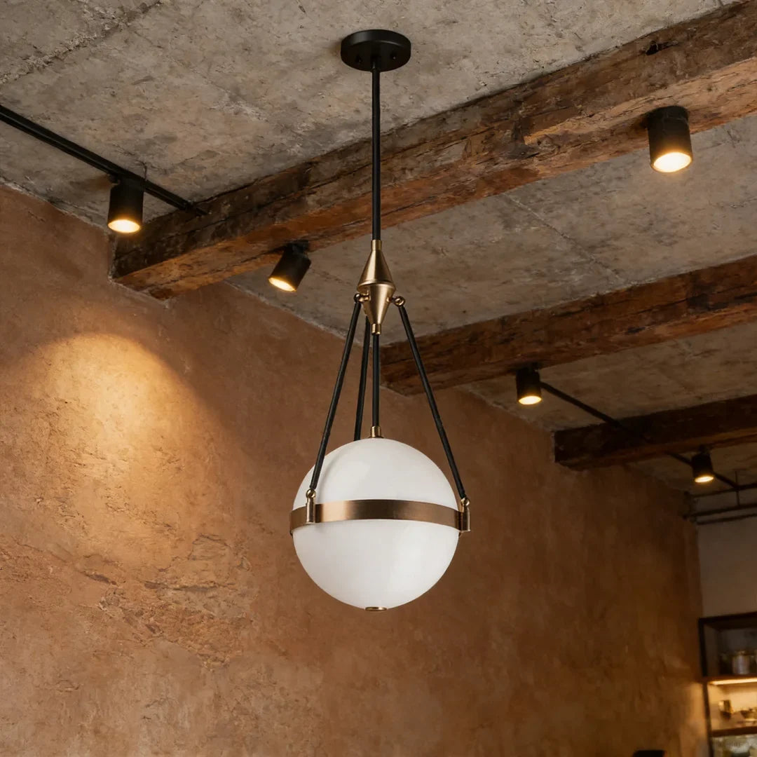 Globe pendant light with white glass sphere and gold trim on black rod support