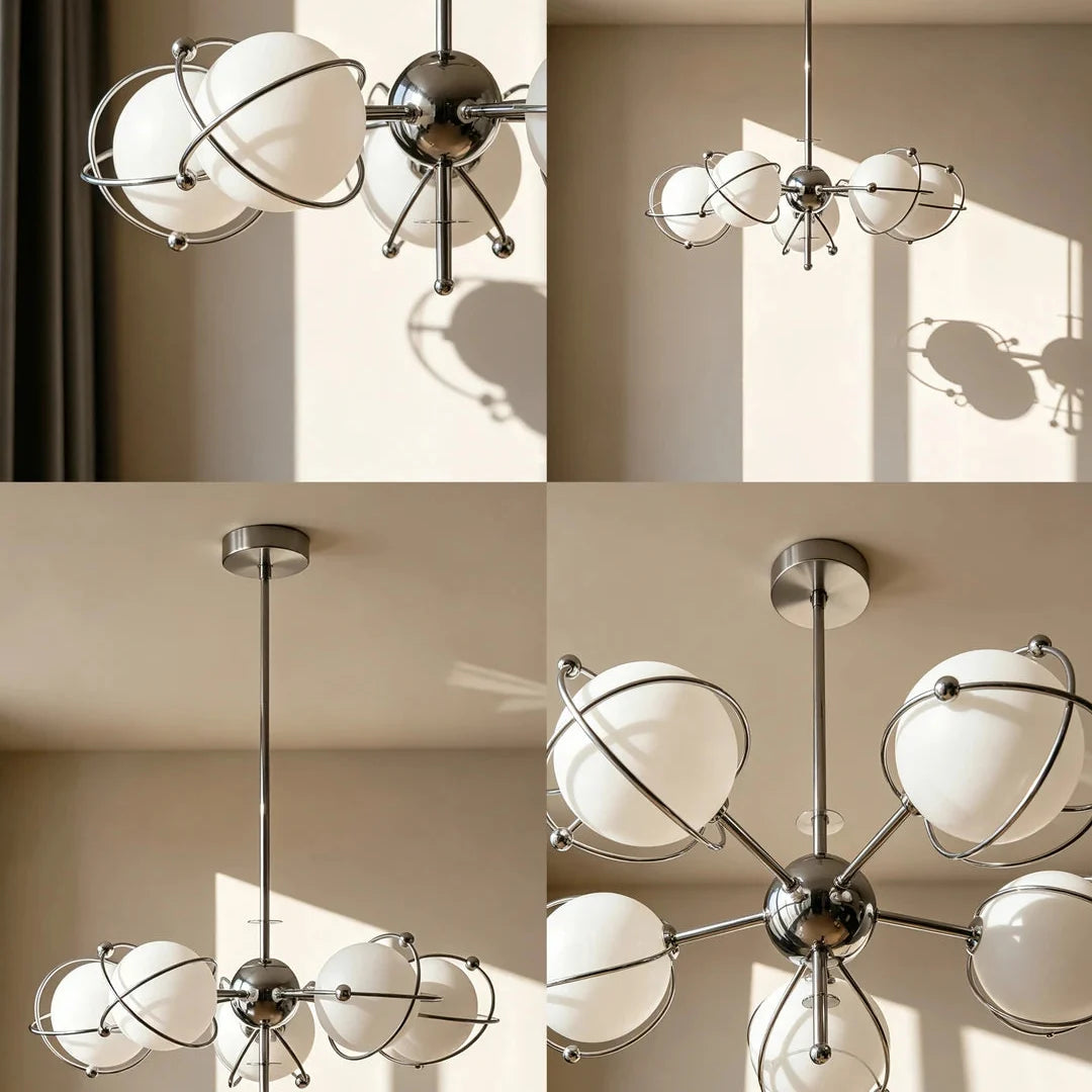 Orbit-style ceiling chandelier with multiple round opal glass shades on chrome arms