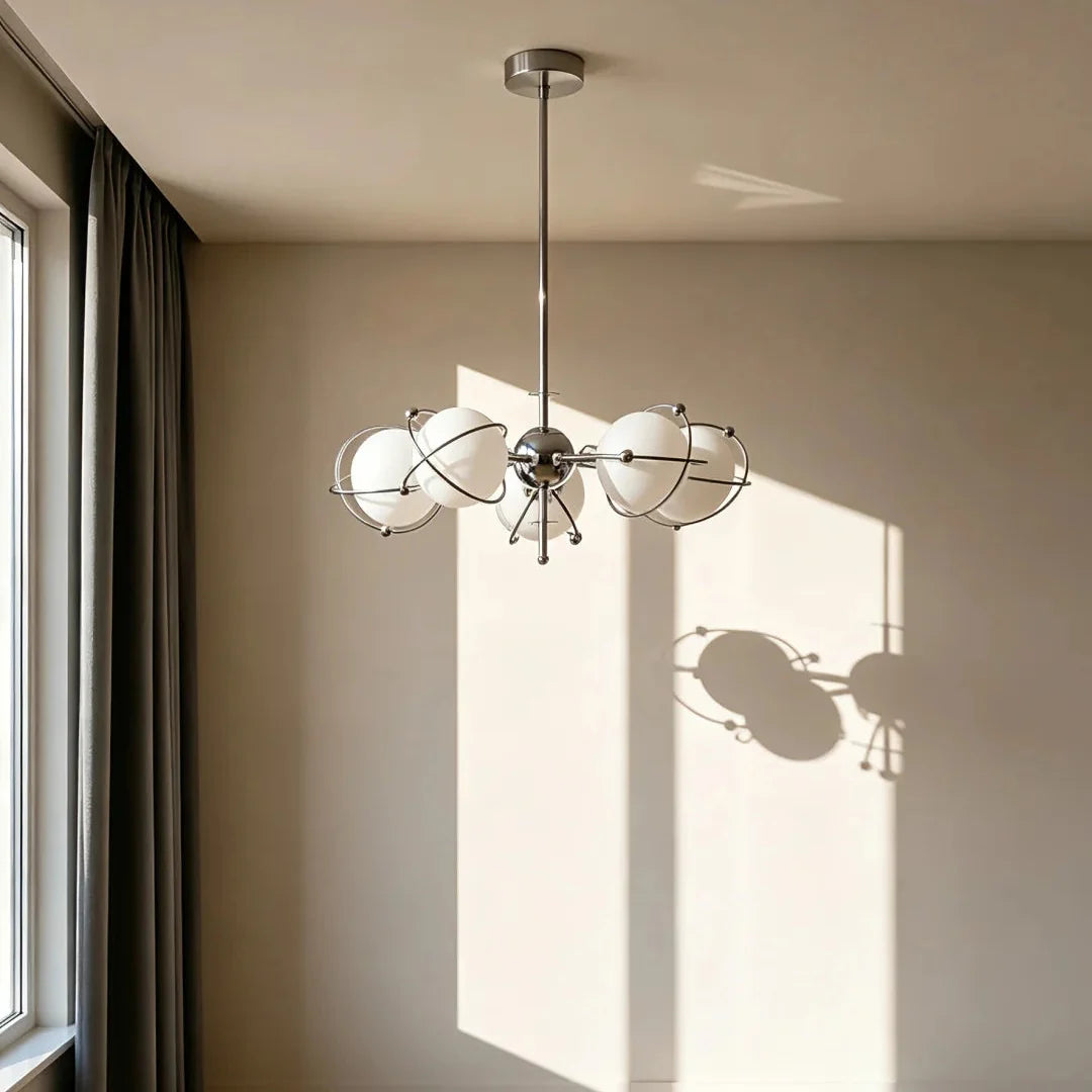Orbit-style ceiling chandelier with round opal glass shades and polished chrome frame