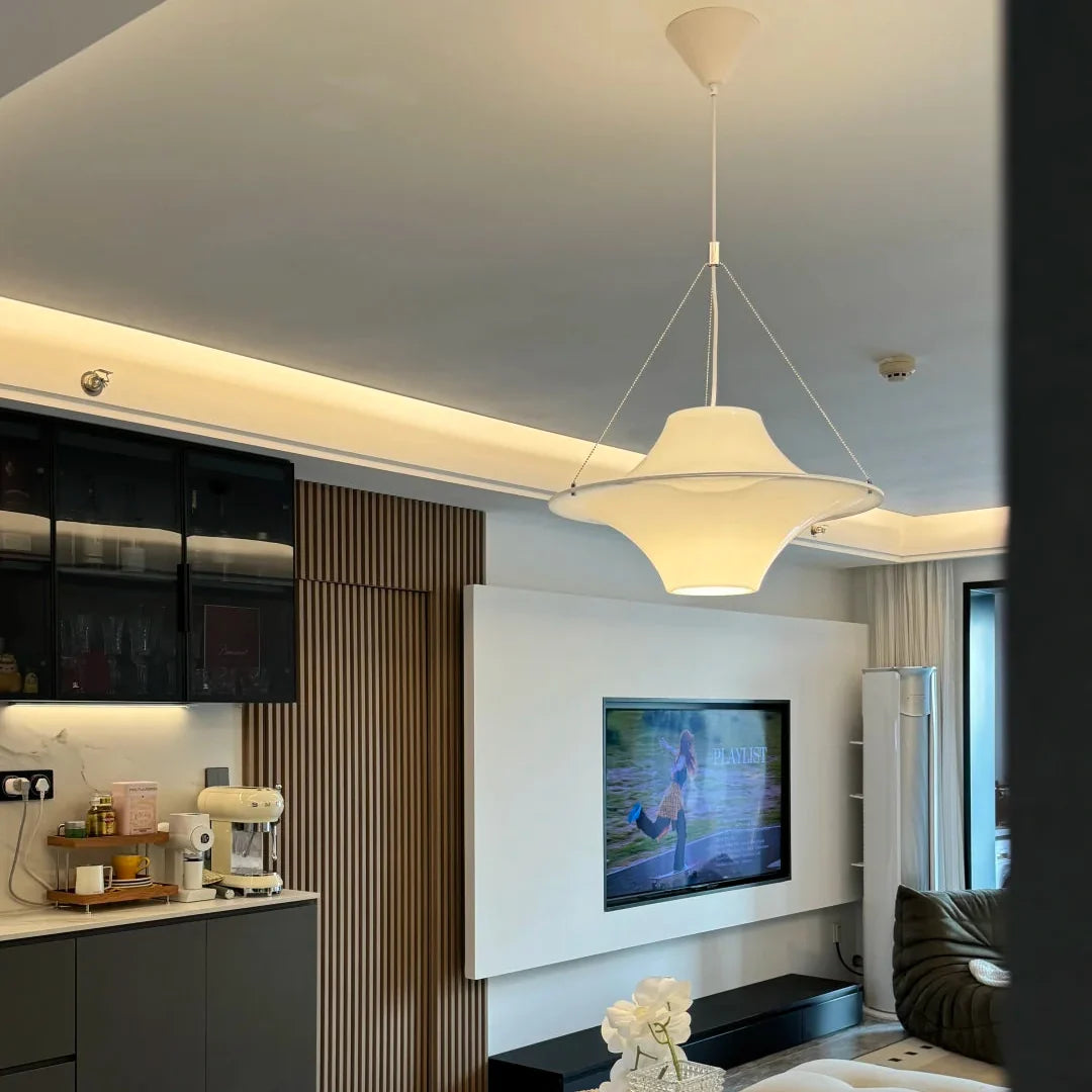 Opal disc pendant ceiling light with layered shade and hanging wires