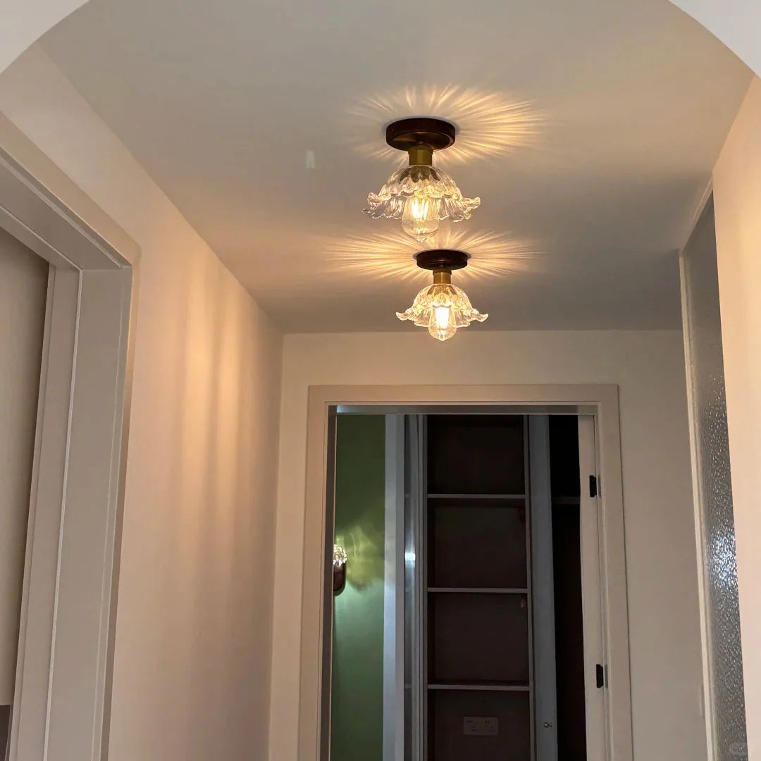 Semi-flush ceiling light with clear petal glass shade and dark metal canopy