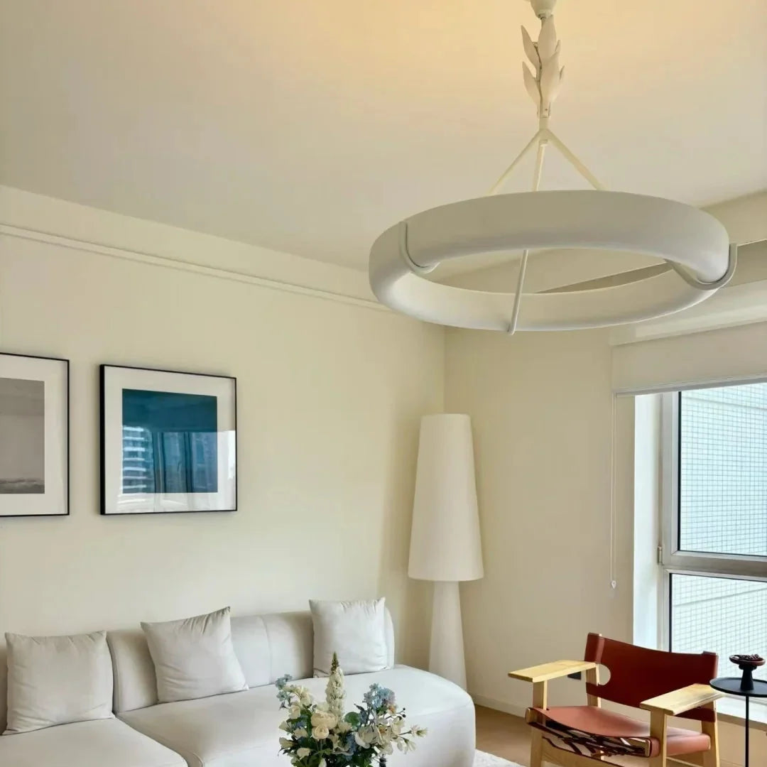 White tree-style chandelier with circular ceiling canopy and curved arm frame